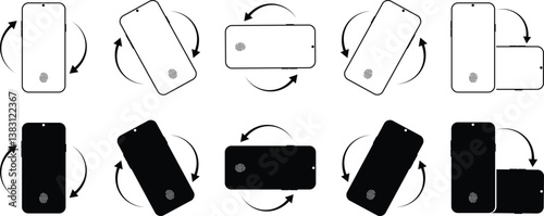 Mobile phone rotation display icon set. Device rotation symbol isolated on transparent background. Turn your device. Horizontal smartphone tilt sign. Turning arrow pictogram. Vector illustration.