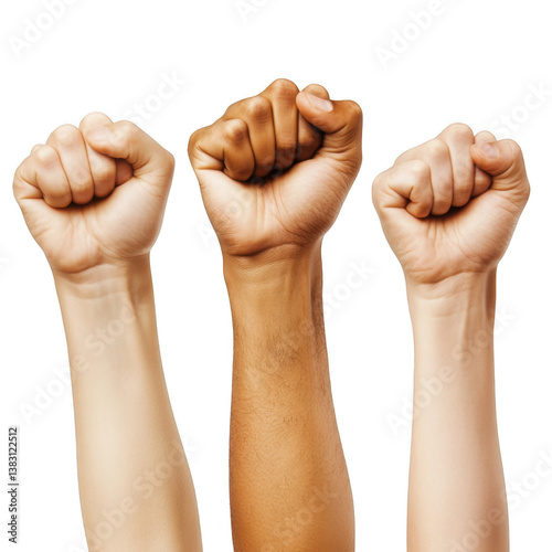 Raised fists in the air symbolizing strength isolated on transparent background