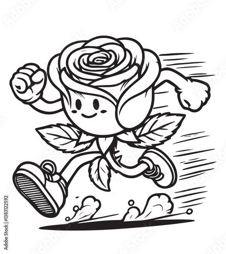 Coloring book speedy rose character running with motion lines, showing its floral power