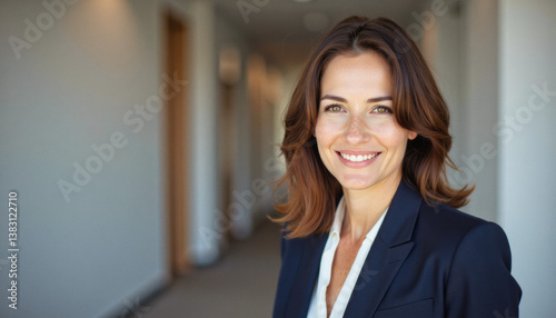 Free Download Modern portrait headshot of a friendly ceo executive business worker: A smiling businesswoman with brown hair and a blazer confidently looks towards the camera while standing in a modern office hall - GFXLoad