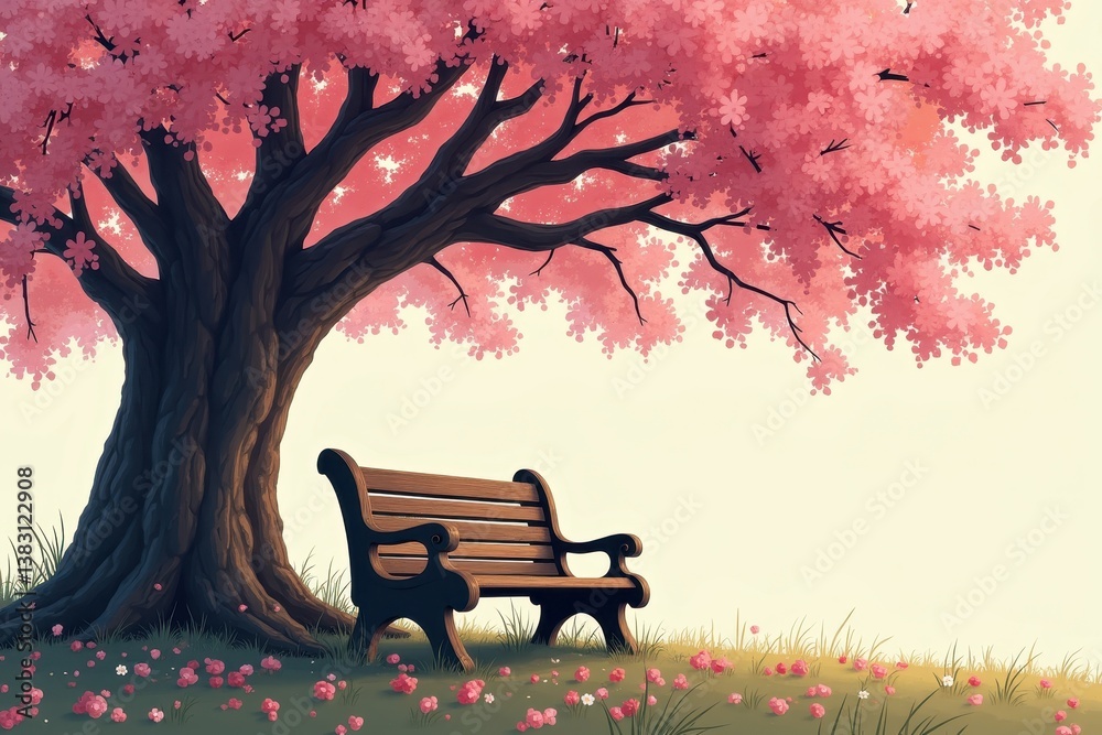 Cherry blossom tree shading park bench in springtime
