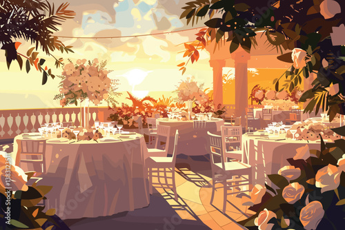 Wedding set up, party or romantic dinner on the beach with beautiful sunset view