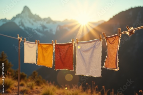 Laundry drying on mountain clothesline at sunrise