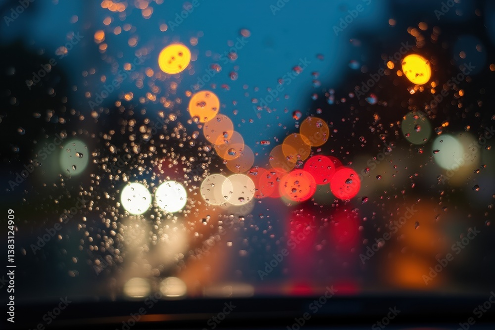 Bokeh city lights rainy car window at night