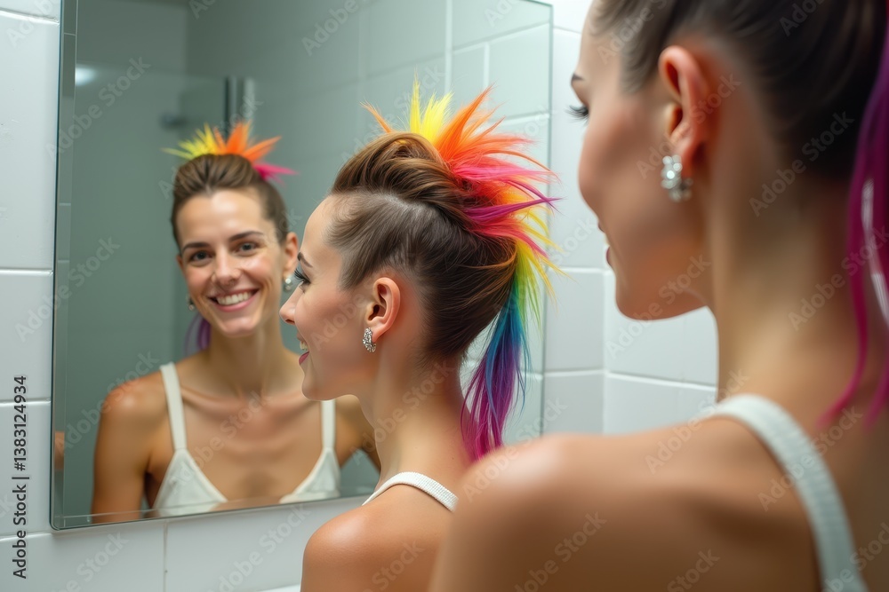 Young woman with rainbow mohawk hairstyle smiling in bathroom mirror