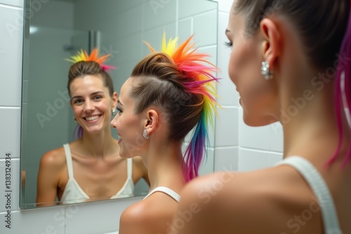 Obraz na płótnie Young woman with rainbow mohawk hairstyle smiling in bathroom mirror w salonie