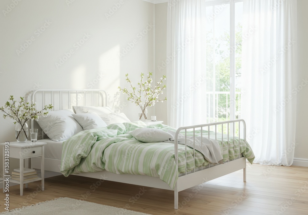 Fototapeta premium Cozy light spring bedroom with soft colors and natural light from large windows