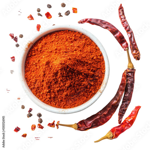 Spicy hot chili powder and dried peppers isolated on a white background, png