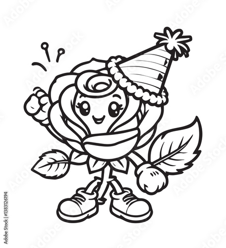 Coloring book rose character wearing a party hat and cheering with raised fists