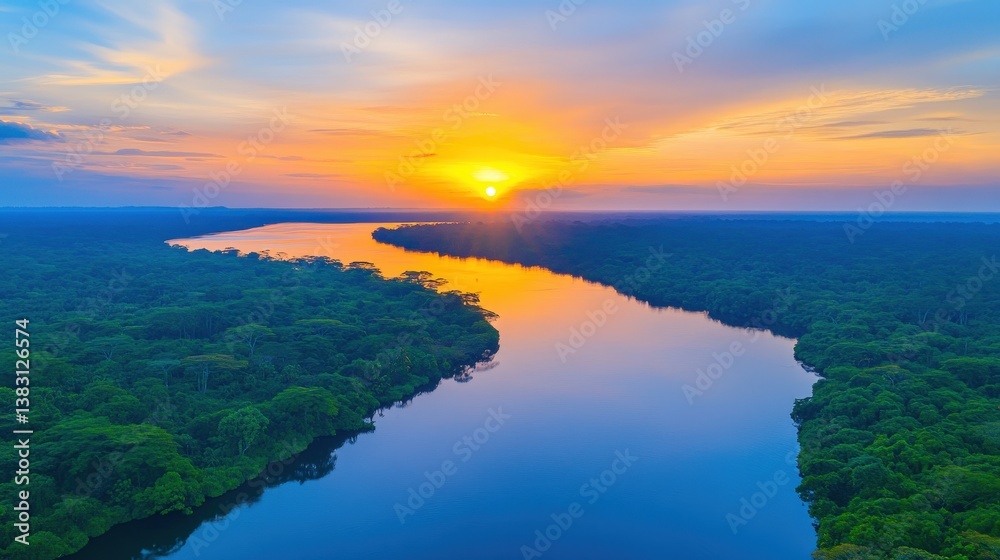 A stunning aerial view of a river winding through lush greenery, illuminated by a vibrant sunset, creating a serene and picturesque landscape. A stunning aerial view of a river winding through lush greenery, illuminated by a vibrant sunset, creating a serene and picturesque landscape.