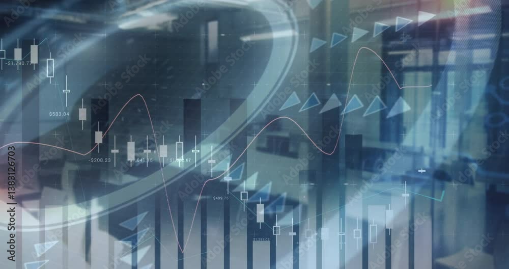 Overlaying financial data charts and graphs in modern office environment animation Overlaying financial data charts and graphs in modern office environment animation