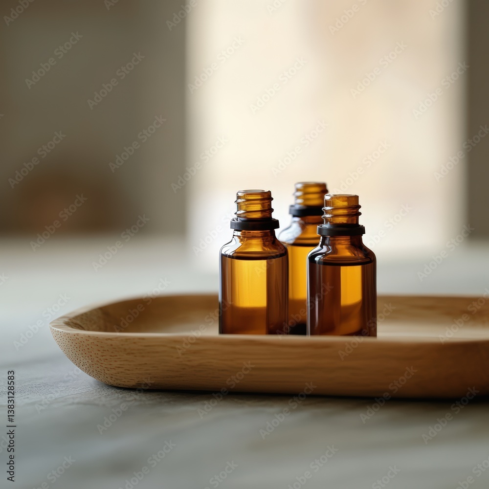 Trio of amber glass bottles displayed on a wooden tray on a neutral background Trio of amber glass bottles displayed on a wooden tray on a neutral background
