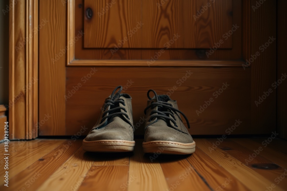 Casual shoes on wooden floor to door