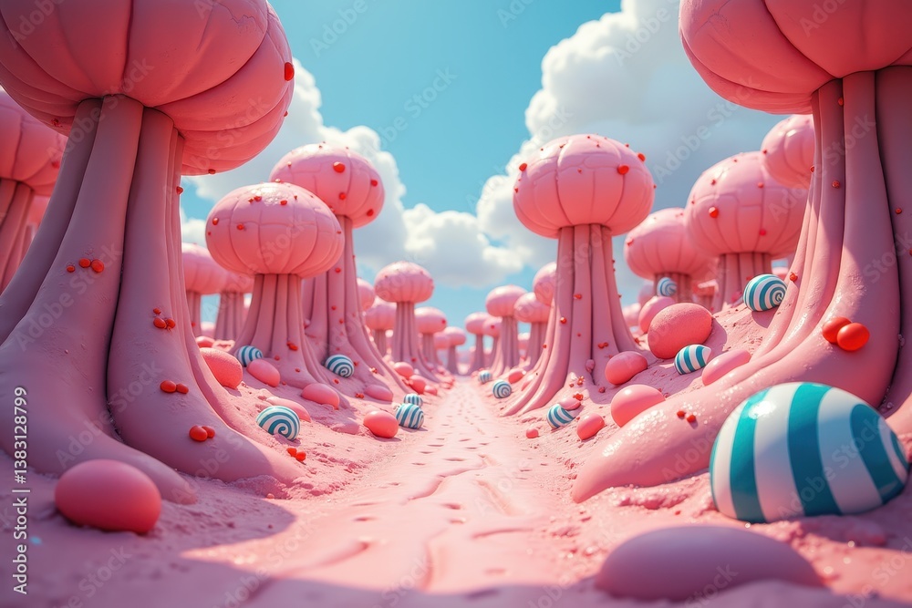 Surreal candy landscape with pink gumdrop trees blue sky