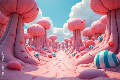 Obraz na płótnie Surreal candy landscape with pink gumdrop trees blue sky w salonie