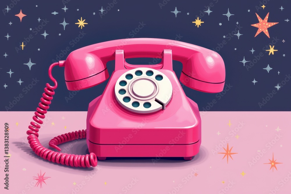 Pink vintage telephone with retro stars backdrop