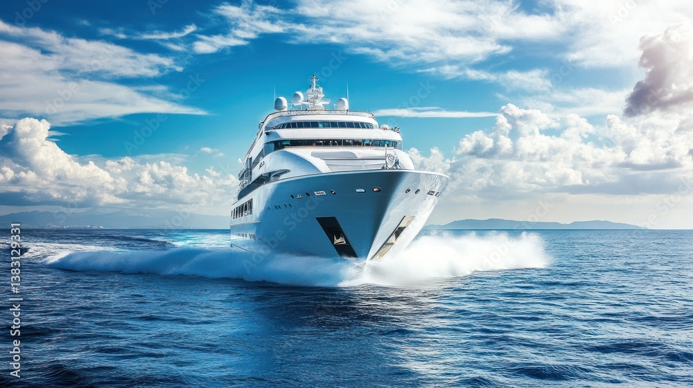 Luxury yacht cruising ocean, sunny day, islands background, travel brochure