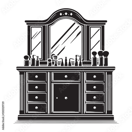 Black Color Vanity Cabinet Silhouette Vector Illustration, Solid White Background