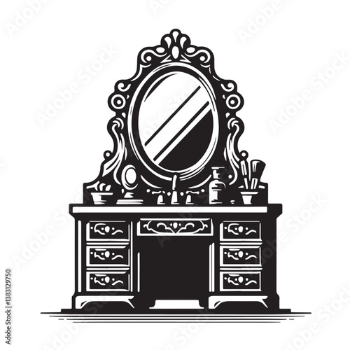 Black Color Vanity Cabinet Silhouette Vector Illustration, Solid White Background