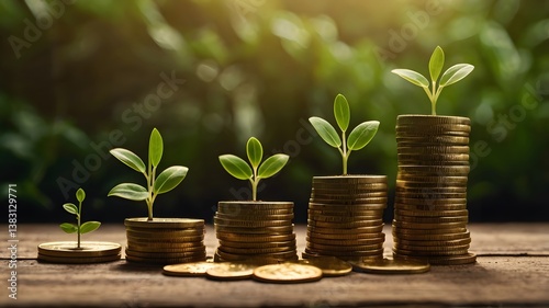 Growing Wealth Concept: Stacks of Gold Coins with Green Seedlings, Financial Growth and Investment: Money and Nature Symbolism, Business Success and Savings: Increasing Coins with Plant Growth