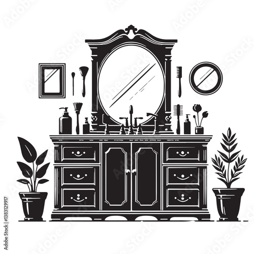 Black Color Vanity Cabinet Silhouette Vector Illustration, Solid White Background