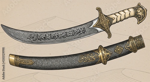 A Middle Eastern scimitar with an intricate 13th century Mamluk design and decorative scabbard  photo