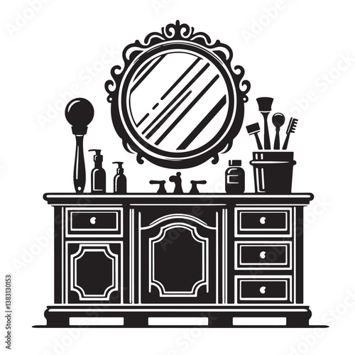 Black Color Vanity Cabinet Silhouette Vector Illustration, Solid White Background