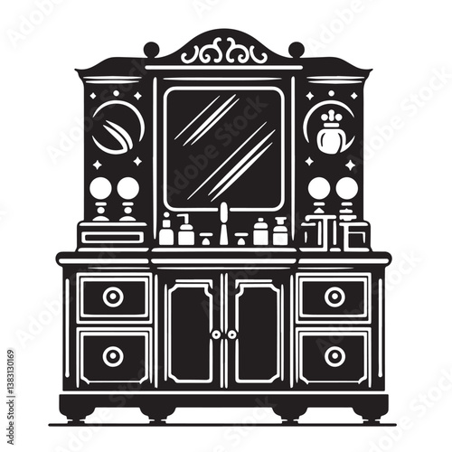 Black Color Vanity Cabinet Silhouette Vector Illustration, Solid White Background