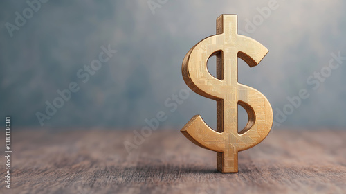 Golden currency symbol representing demand and import on wooden surface evokes sense of value and economic exchange