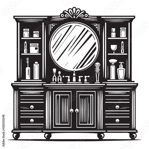 Black Color Vanity Cabinet Silhouette Vector Illustration, Solid White Background
