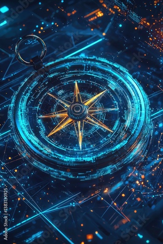 Concept of exploration: abstract compass with glowing digital paths
