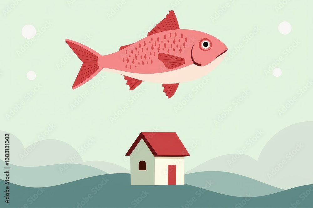 Surreal scene with oversized fish floating small house