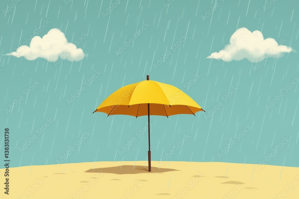 Yellow umbrella on sandy beach as rain falls: surreal contrast unexpected summer showers