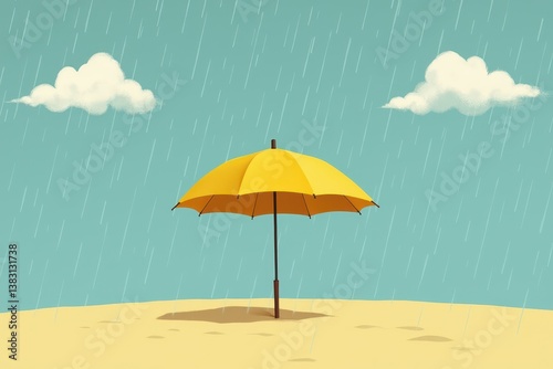 Obraz na płótnie Yellow umbrella on sandy beach as rain falls: surreal contrast unexpected summer showers w salonie