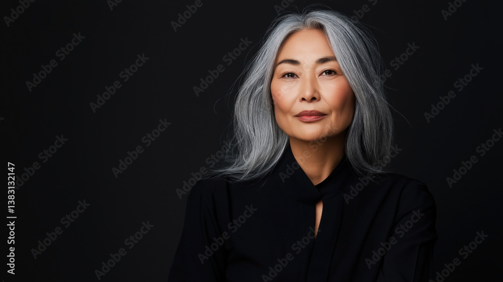 A confident Asian woman with long gray hair poses against a dark background. A confident Asian woman with long gray hair poses against a dark background.