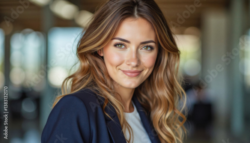 Modern portrait headshot of a friendly ceo executive business worker: A professional woman with wavy brown hair and a warm smile confidently poses in a navy blazer and white top, suggesting a succes Free Download Modern portrait headshot of a friendly ceo executive business worker: A professional woman with wavy brown hair and a warm smile confidently poses in a navy blazer and white top, suggesting a succes - GFXLoad