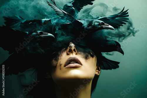 Femme avec des corbeaux sur la tête et l'aveuglant