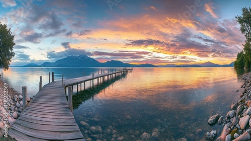 Wallpaper Mural Serene sunset over lake, wooden pier, mountains, calm water, travel postcard Torontodigital.ca