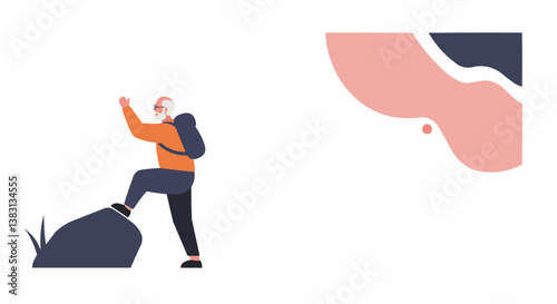 Elderly Man Hiking Up Rock with Pastel Background.