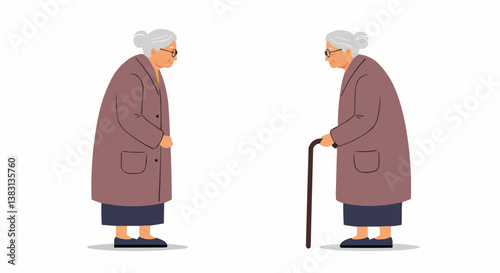 Elderly women, one with a cane, talk of a happy life standing up.