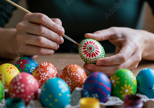Hands Decorating Colorful Easter Eggs with Paint