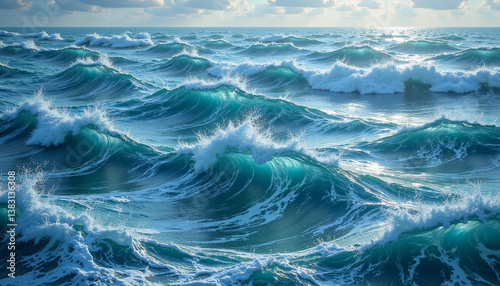 Turbulent ocean waves under sunlight