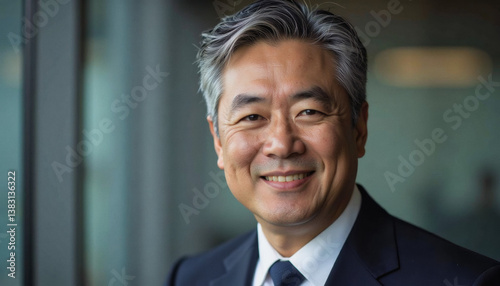 Modern portrait headshot of a friendly ceo executive business worker: A smiling, middle-aged Asian man with graying hair confidently poses indoors, wearing a dark suit and tie. photo