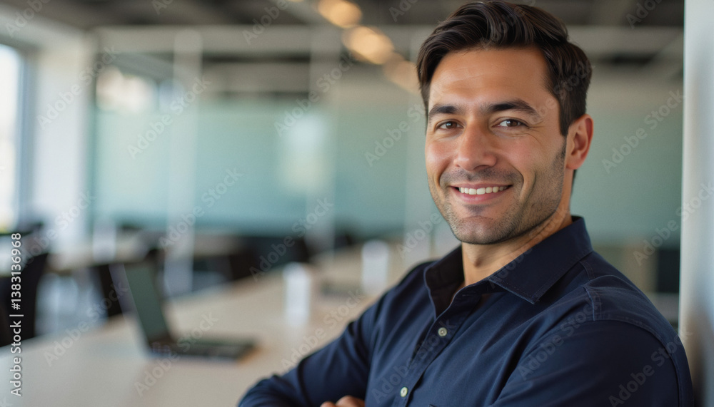Fototapeta premium Modern portrait headshot of a friendly ceo executive business worker: A smiling man in a dark blue shirt confidently poses with his arms crossed in a modern office space.