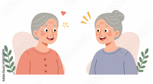 Smiling Elderly Asian Women with Joyful Rays Against White Background.