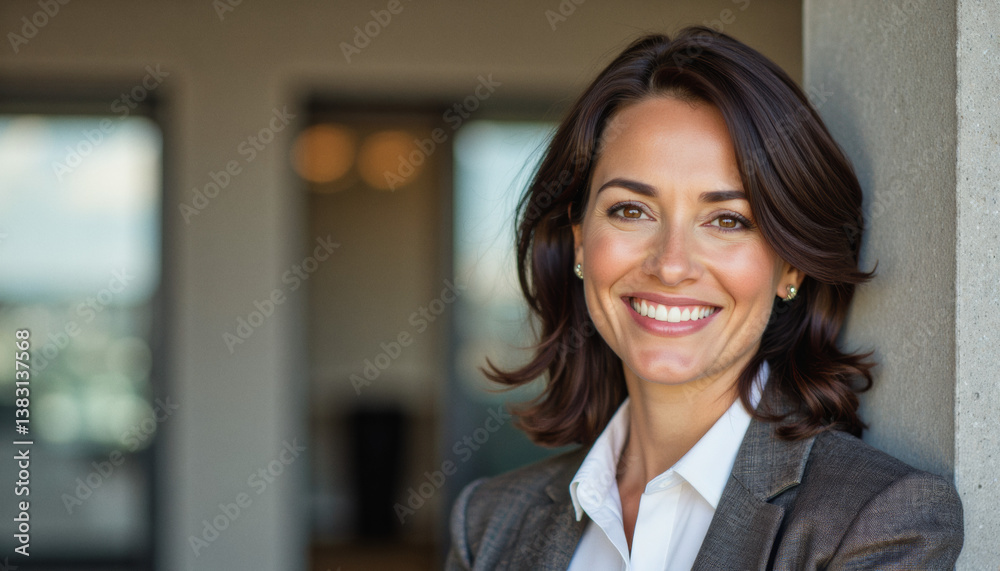Modern portrait headshot of a friendly ceo executive business worker: A smiling businesswoman with dark hair leans confidently against a concrete pillar, wearing a professional gray suit and white s Modern portrait headshot of a friendly ceo executive business worker: A smiling businesswoman with dark hair leans confidently against a concrete pillar, wearing a professional gray suit and white s