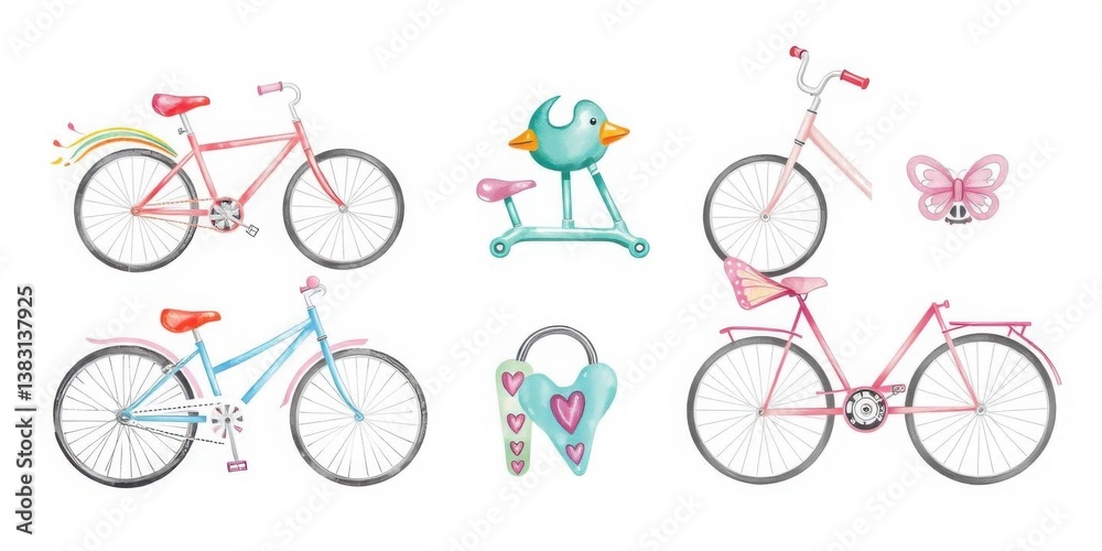 Naklejka premium Watercolor Bikes Toys Accessories Cute Pink Blue Bicycle Bird Ride On Butterfly