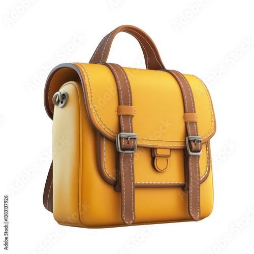 A yellow satchel bag with brown straps and silver buckles on a white background in a studio shot