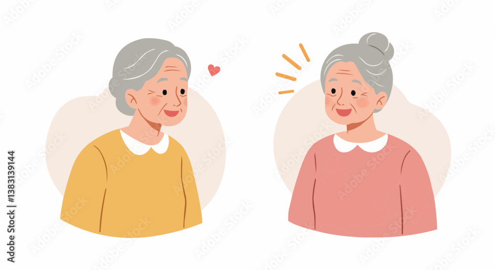Smiling Elderly Asian Women Displaying Affection Against Neutral Background/