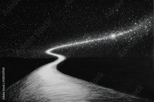 Concept of potential: pencil drawing a glowing path toward the stars